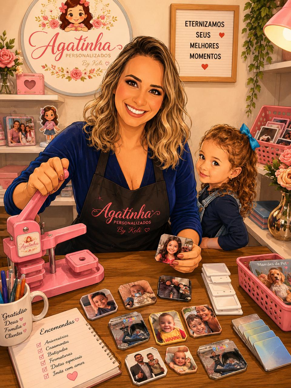 Keli no ateliê da Ágatinha Personalizados, com a filha Ágatha e a prensa de ímãs